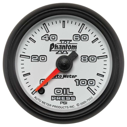 Oil Pressure Gauge - Phantom II - 0-100 psi - Electric - Analog - Full Sweep - 2-1/16 in Diameter - White Face - Each