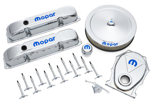Engine Dress Up Kit - Air Cleaner / Valve Covers / Breather / Hardware / Timing Cover - Recessed Blue Mopar Logo - Steel - Chrome - Mopar B / RB-Series - Kit