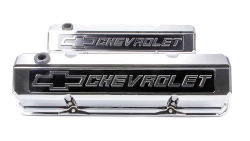 Valve Cover - Slant-Edge - Tall - Baffled - Breather Hole - Raised Chevrolet Bowtie Logo - Aluminum - Chrome - Small Block Chevy - Pair