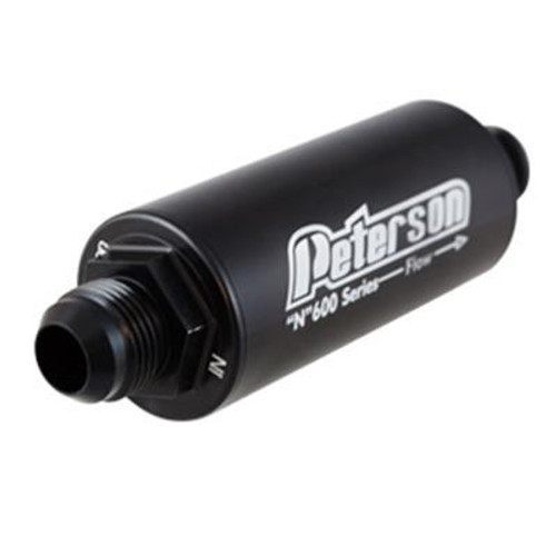 Fuel Filter - 600 Series - In-Line - 100 Micron - Stainless Element - 6 AN Male Inlet - 6 AN Male Outlet - Aluminum - Black Anodized - Each