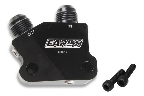 Oil Cooler Adapter - Side Mount - 10 AN Male Inlet - 10 AN Male Outlet - 1/8 in NPT Female Ports - Aluminum - Black Anodized - GM LS-Series - Each