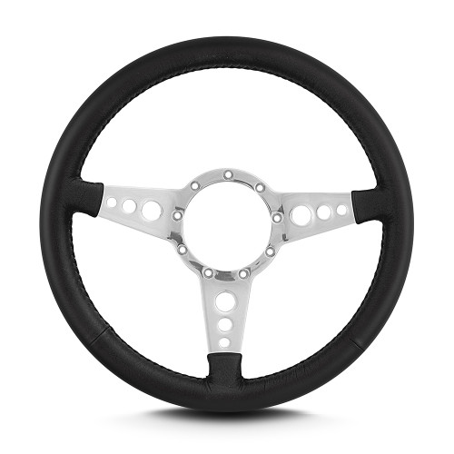Steering Wheel - Trans-Am - 14 in Diameter - Flat - 3-Spoke - Black Leather Grip - Aluminum - Polished - Each