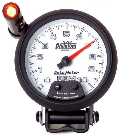 Tachometer - Phantom II - 10000 RPM - Electric - Analog - 3-3/4 in Diameter - Pedestal Mount - Shift Light - White Face - Each