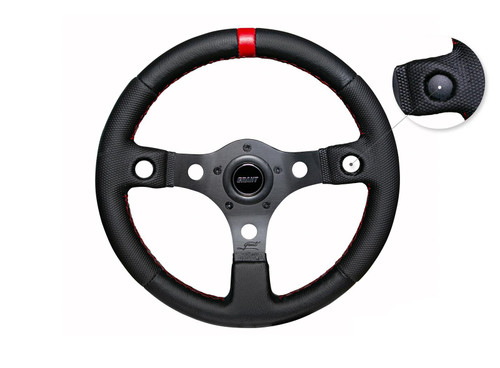 Steering Wheel - Performance Race Elite - 13 in Diameter - 1 in Dish - 3-Spoke - Black Leather Grip - Red Stripe - Aluminum - Black Anodized - Each