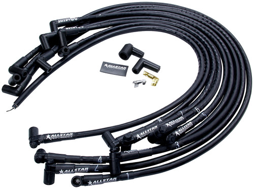 Spark Plug Wire Set - Spiral Core - 8 mm - Sleeved - Black - 90 Degree Plug Boots - HEI Style Terminal - Under Header - Small Block Chevy - Kit Spark Plug Wire Set - Spiral Core - 8 mm - Sleeved - Black - 90 Degree Plug Boots - HEI Style Terminal - Under Header - Small Block Chevy - Kit