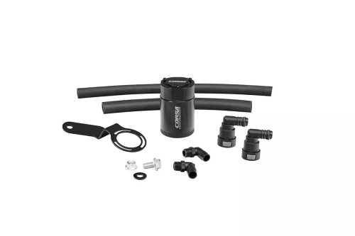 Oil Catch Can - 3 oz - 2.375 in Diameter - 3.625 in Tall - 3/8 in NPT Female Inlet / Outlet - Brackets / Hardware Included - Aluminum - Black Anodized - Ford Mustang 2015-17 - Kit Oil Catch Can - 3 oz - 2.375 in Diameter - 3.625 in Tall - 3/8 in NPT Female Inlet / Outlet - Brackets / Hardware Included - Aluminum - Black Anodized - Ford Mustang 2015-17 - Kit