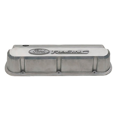 Valve Cover - Slant-Edge - Tall - Baffled - Breather Hole - Raised Ford Racing Logo - Aluminum - Natural - Small Block Ford - Pair