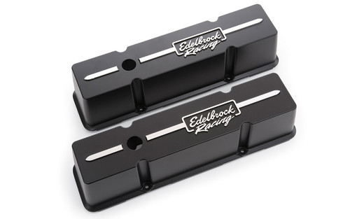 Valve Cover - Racing Series - Tall - Breather Hole - Edelbrock Logo - Aluminum - Black Powder Coat - Small Block Chevy - Pair