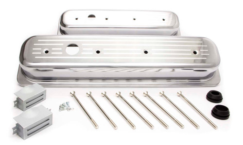 Valve Cover - Short - 2-9/16 in Height - Baffled - Breather Holes - Grommets / Hardware Included - Ball Milled - Aluminum - Polished - Center Bolt - Small Block Chevy - Pair