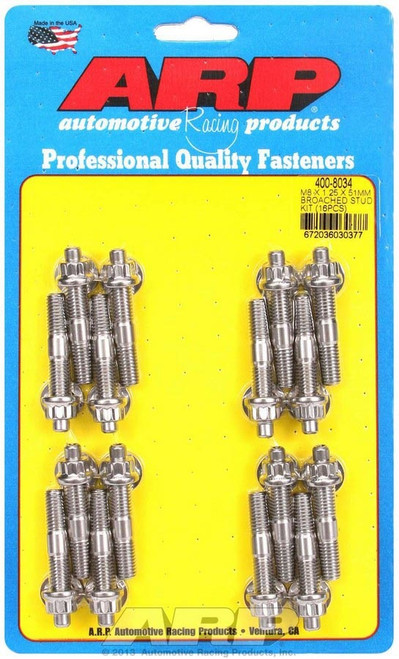 Stud - 8 mm x 1.25 Thread - 2 in Long - 12 Point Nuts - Stainless - Polished - Universal - Set of 16