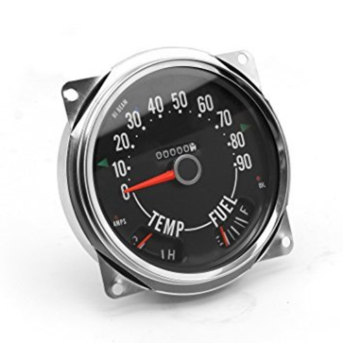 Combination Gauge - Analog - Fuel Level / Odometer / Speedometer / Water Temperature - 5 in Diameter - Chrome / Black Face - Jeep CJ - Each