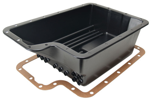 Transmission Pan - Cooling - Deep Sump - Flat - 6.313 in Deep - Adds 7.938 qt Capacity - Steel - Black Paint - 4R100 / E4OD / 5R110 / 5R110W - Each