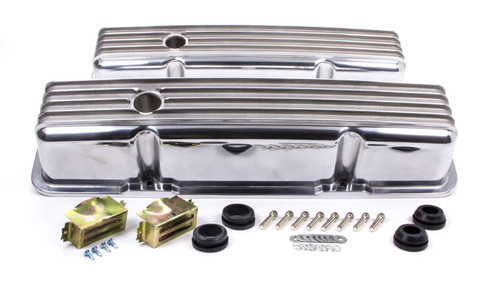Valve Cover - Tall - 3-11/16 in Height - Baffled - Breather Holes - Hardware Included - Full Finned - Aluminum - Polished - Small Block Chevy - Pair