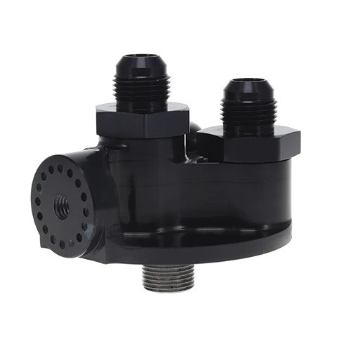 Oil Filter Mount - 12 AN Male Ports - 3/4-16 in Center Thread - Firewall Mount - Aluminum - Black Anodized - Universal - Each