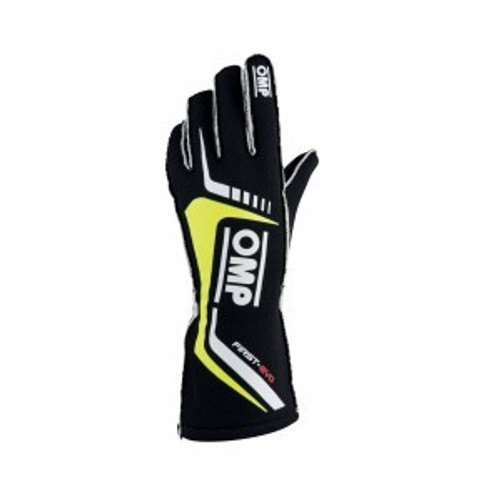 Driving Gloves - First EVO - FIA Approved - Single Layer - Fire Retardant Fabric - Black - Yellow Stripe - Medium - Pair