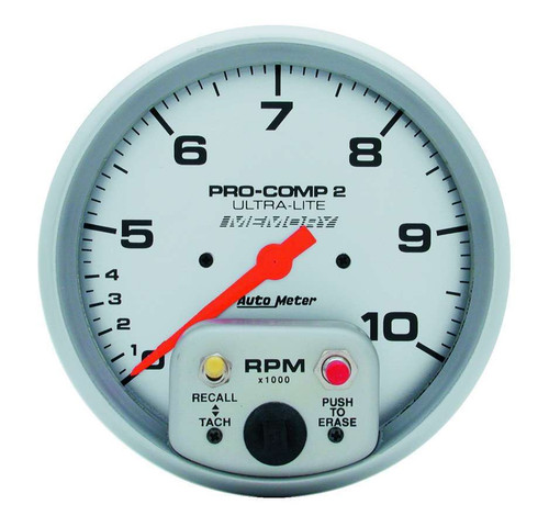 Tachometer - Ultra-Lite - 10000 RPM - Electric - Analog - 5 in Diameter - Memory - Dash Mount - Silver Face - Each