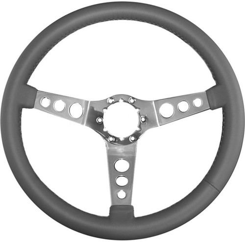 Steering Wheel - Hot Rod - 14 in Diameter - 1-1/2 in Dish - 3-Spoke - Black Leather Grip - Stainless - Polished - Each