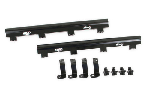 Fuel Rail Kit - Atomic EFI - 8 AN Female O-Ring Inlets - 8 AN Female O-Ring Outlets - Hardware Included - Aluminum - Black Anodized - LS7 - GM LS-Series - Kit