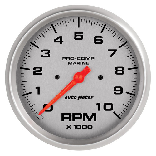 Tachometer - Marine Silver - 10000 RPM - Electric - Analog - 5 in Diameter - Dash Mount - Silver Face - Each