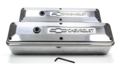 Valve Cover - 2 Piece Die-Cast - Tall - Baffled - Breather Hole - Chevrolet Bowtie Logo - Aluminum - Polished - Small Block Chevy - Pair