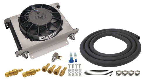 Fluid Cooler and Fan - 13 x 10 x 5.625 in - Plate Type - 10 AN Female O-Ring Inlet / Outlet - 8 AN Male Adapters - Fittings / Hardware / Hose - Aluminum - Black Powder Coat - Auto Trans - Kit