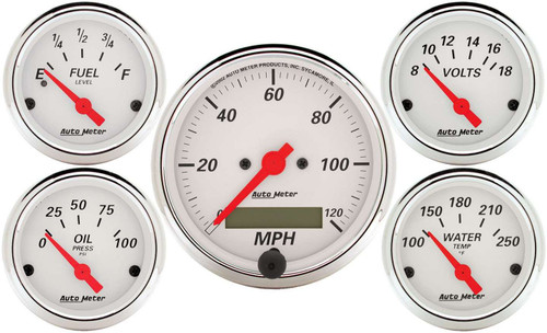 Gauge Kit - Arctic White - Analog - Fuel Level / Oil Pressure / Speedometer / Voltmeter / Water Temperature - 3-1/8 in / 2-1/16 in Diameter - White Face - Kit