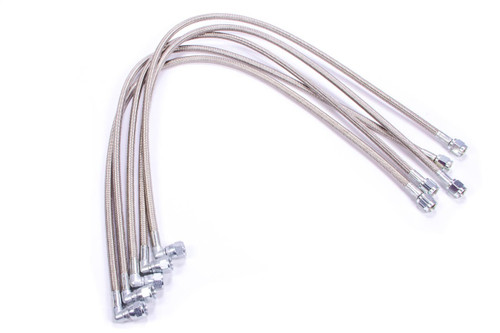 Brake Hose - 28 in Long - 4 AN Hose - 4 AN Straight Female to 4 AN 90 Degree Female - Braided Stainless - PTFE Lined - Set of 5