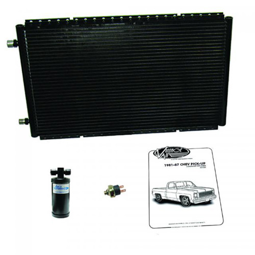 Air Conditioning Condenser - SureFit - Horizontal - 24 x 14 in - 6 AN / 8 AN Male O-Ring Fittings - Brackets / Lines - Aluminum - Black Paint - Kit