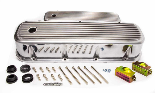 Valve Cover - Tall - 4 in Height - Baffled - Breather Holes - Top Finned - Aluminum - Polished - Big Block Chevy - Pair