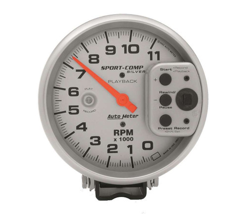 Tachometer - Ultra-Lite - 11000 RPM - Electric - Analog - 5 in Diameter - Pedestal Mount - Playback - Silver Face - Each
