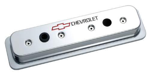 Valve Cover - Die-Cast - Tall - Baffled - Breather Hole - Chevrolet Bowtie Logo - Aluminum - Chrome - Center Bolt - Small Block Chevy - Kit