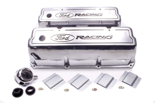 Valve Cover - Tall - Baffled - Breather Hole - Oil Fill Cap - Ford Racing Logo - Aluminum - Polished - Ford Cleveland / Modified - Pair