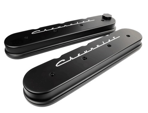 Valve Cover - Stock Height - Fill Cap / Gaskets / Hardware Included - Chevrolet Script - Aluminum - Black Powder Coat - GM LS-Series - Pair