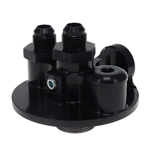 Oil Filter Mount - 12 AN Male Ports - 1-1/2-12 in Center Thread - Firewall Mount - Aluminum - Black Anodized - Universal - Each