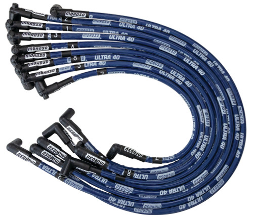 Spark Plug Wire Set - Ultra 40 - Spiral Core - 8.65 mm - Sleeved - Blue - 90 Degree Plug Boots - Socket Style - Under Header - Big Block Chevy - Kit