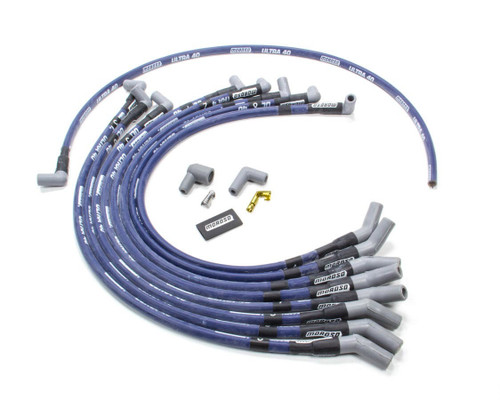 Spark Plug Wire Set - Ultra 40 - Spiral Core - 8.65 mm - Sleeved - Blue - 135 Degree Plug Boots - HEI Style Terminal - Small Block Ford - Kit
