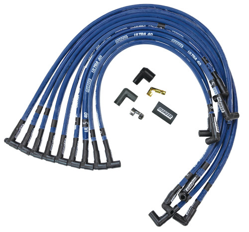 Spark Plug Wire Set - Ultra 40 - Spiral Core - 8.65 mm - Sleeved - Blue - 90 Degree Plug Boots - HEI Style Terminal - Under Header - Small Block Chevy - Kit