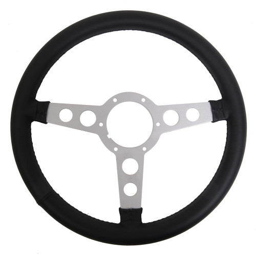 Steering Wheel - Trans-Am - 14 in Diameter - Flat - 3-Spoke - Black Leather Grip - Aluminum - Clear Anodized - Each