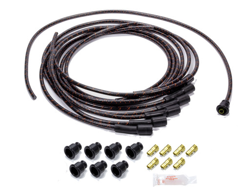 Spark Plug Wire Set - Spiral Core - 7.8 mm - Lacquer Covered Cotton Braid - Black / Orange - Straight Boots - Socket Style - Universal - Kit