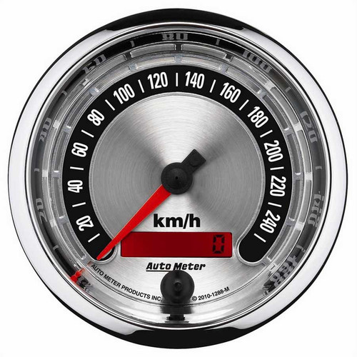 Speedometer - American Muscle - 260 KPH - Electric - Analog - 3-3/8 in Diameter - Programmable - Brushed / Black Face - Each