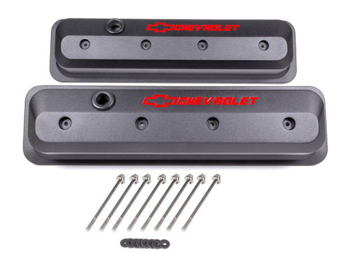 Valve Cover - Slant-Edge - Tall - Baffled - Breather Hole - Recessed Red Chevrolet Logo - Aluminum - Black Crinkle Powder Coat - Small Block Chevy - Pair