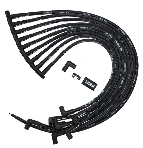 Spark Plug Wire Set - Ultra 40 - Spiral Core - 8.65 mm - Black - 90 Degree Plug Boots - HEI Style Terminal - Jesel Drive Distributor - Big Block Chevy - Kit
