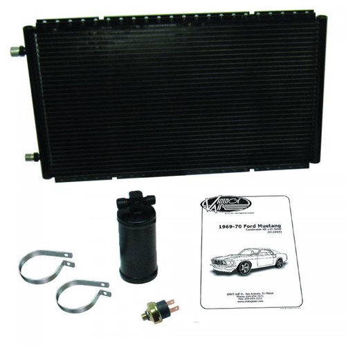 Air Conditioning Condenser and Drier - SureFit - Horizontal - 20 x 14 x 13/16 in - 6 AN / 8 AN Male O-Ring Fittings - Aluminum - Black Paint - Ford Mustang 1969-70 - Kit