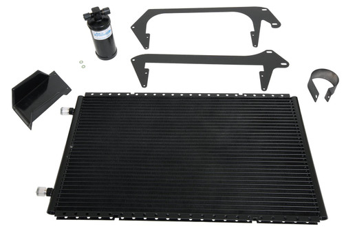 Air Conditioning Condenser and Drier - SureFit - Horizontal - 18 x 16 in - 6 AN / 8 AN Male O-Ring Fittings - Aluminum - Black Paint - Ford Compact SUV 1966-77 - Kit