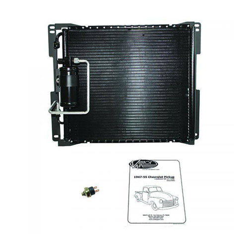 Air Conditioning Condenser and Drier - SureFit - Horizontal - 19 x 17 in - 6 AN / 8 AN Male O-Ring Fittings - Aluminum - Black Paint - Chevy Truck 1947-55 - Kit