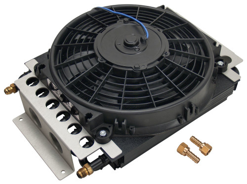 Fluid Cooler and Fan - 15.75 x 11.5 x 5 in - Tube Type - 6 AN Male Inlet / Outlet - Fittings - Aluminum / Copper - Black Powder Coat - Universal - Each