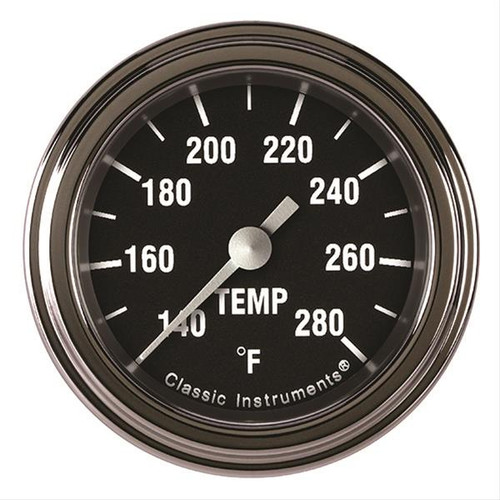 Water Temperature Gauge - Hot Rod - 140-280 Degree F - Electric - Analog - Full Sweep - 12 mm x 1.50 Thread Sender - 2-1/8 in Diameter - Low Step Stainless Bezel - Flat Lens - Black Face - Each