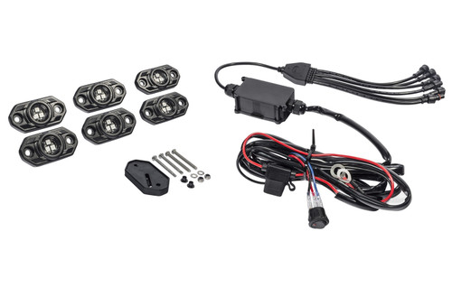 Rock Light Kit - C-Series - Six 2 in Diameter Lights - Blue / Green / Red LED - Surface Mount - Aluminum - Black Anodized - Clear Lens - Kit