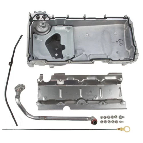 Engine Oil Pan Kit - Muscle Car - Rear Sump - 5 qt - Dip Stick / Gasket / Hardware / Windage Tray Included - Aluminum - Natural - GM LS-Series - Kit