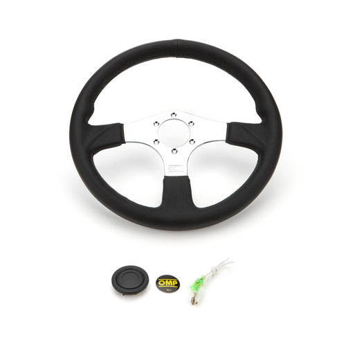 Steering Wheel - ASSO - 350 mm Diameter - Flat - 3-Spoke - Black Leather Grip - Steel - Chrome - Each